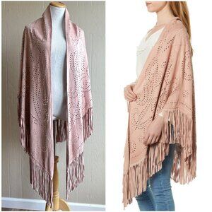 Sarah Stewart Genuine Lamb Suede Leather Laser Cut Fringe Trim Suzette Shawl